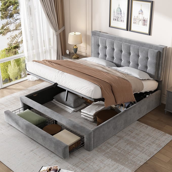 MODFU Gestoffeerd bed 140x190 cm – Hydraulische opbergbox – 2 lades – Fluweel grijs – Verstelbaar
