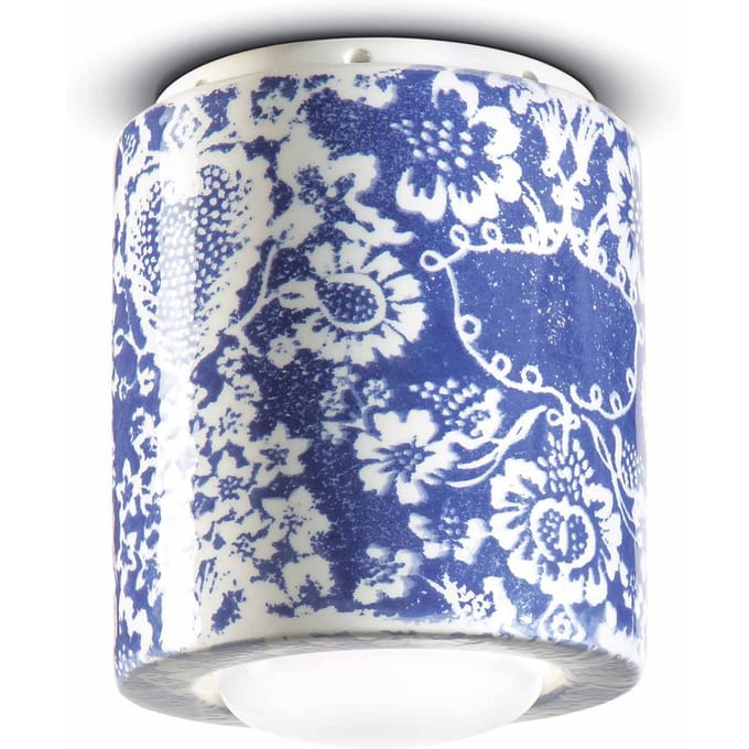 Ferroluce PI plafondlamp, bloemenpatroon, Ø 12,5 cm blauw/wit