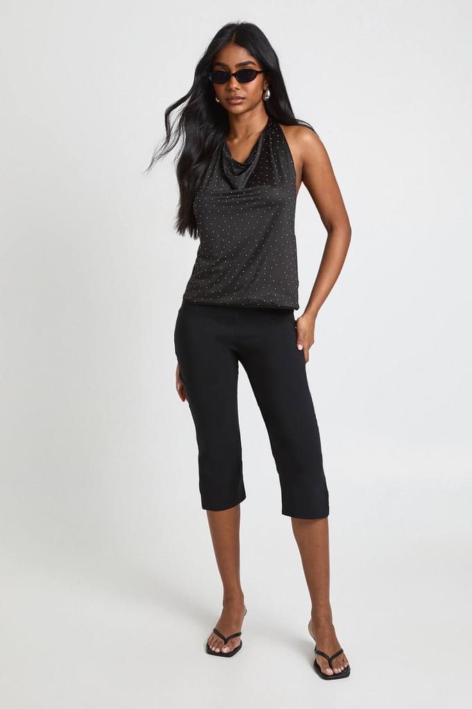boohoo Dames Hotfix Slinky Halter Cowl Top | Black | Maat: 10