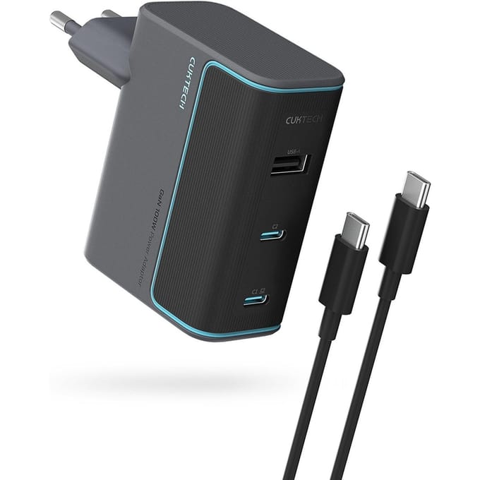 CUKTECH CUKAD1003EUG GaN 100W Wall Charger 2 x USB-C 1 x USB-A with USB-C Cable - Grey