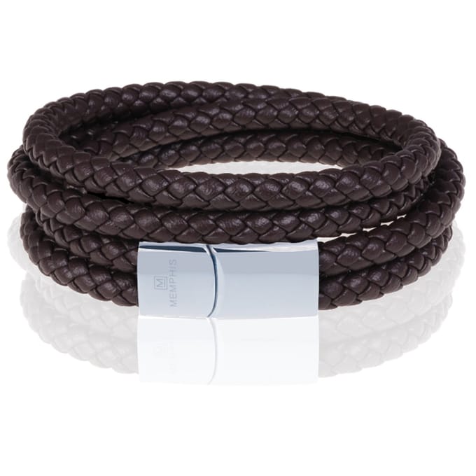 Memphis dubbele wrap armband Leer Bruin Zilverkleurig-23cm