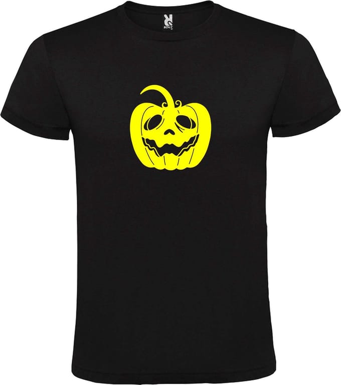 Zwart T-Shirt met “ Halloween Pompoen “ afbeelding Neon Geel Size L