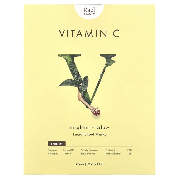 Rael, Vitamine C, Masque Beauté Visage Éclaircissant + Éclat, 5 feuilles, 25 ml (0,84 fl oz) chaque beige