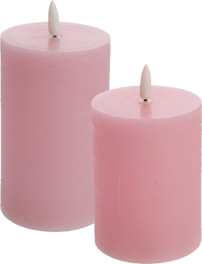 LED kaarsen/stompkaarsen - set 2x - lichtroze - H10 en H12,5 cm - flikkerend licht - timer