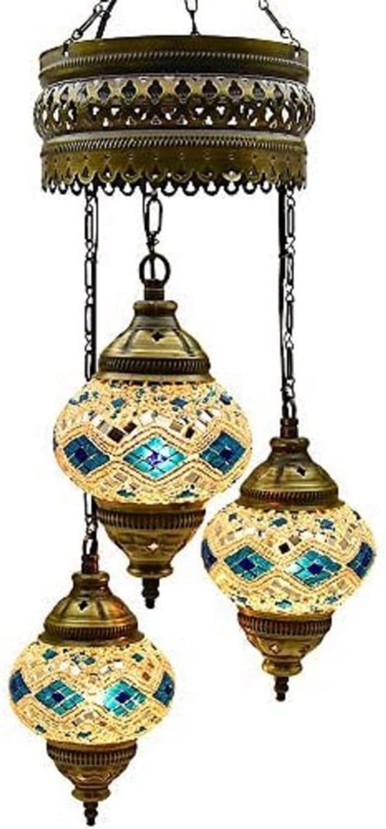 Turkse hanglamp 3 glazen bollen Oosterse plafondlamp turkoois wit mozaïek