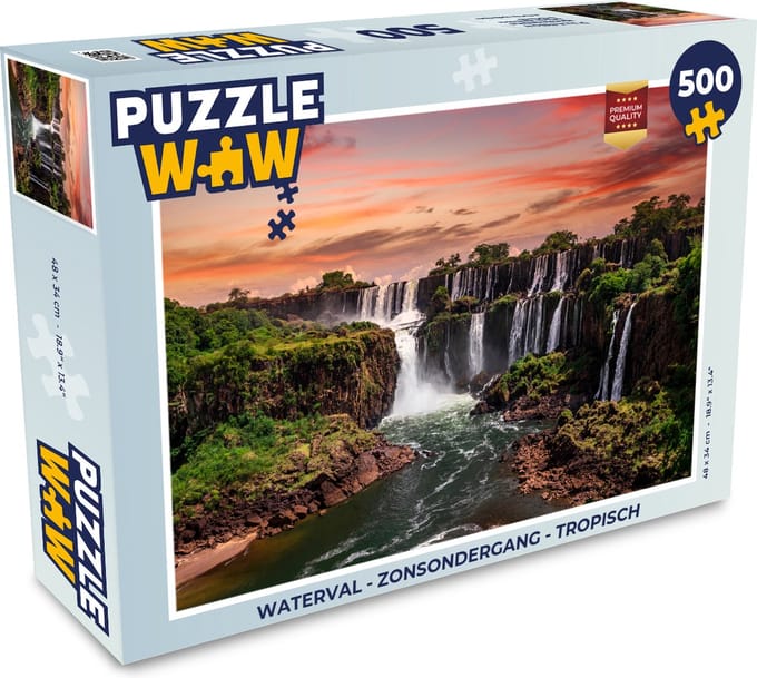 Puzzel Watervallen met bomen - Zonsondergang - Oranje - Legpuzzel - Puzzel 500 stukjes