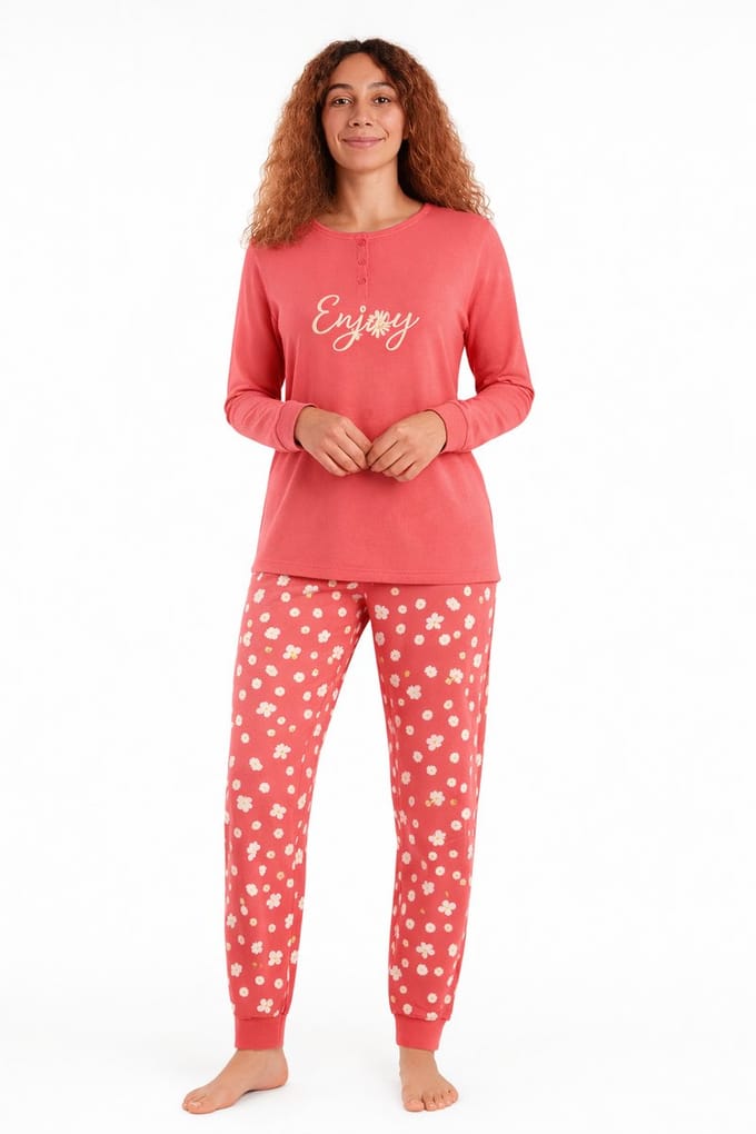 Dames pyjama katoen - koraalrood - Maat XL