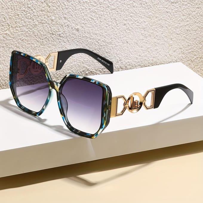 Dames Oversized Vierkante Modebril met Blauwgroene Verloop PC-Lens - Groot Rond Metalen Montuur - Modieus white