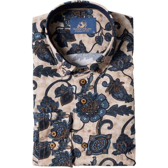 Eden Valley - Lange mouw overhemd - Mannen - M - Kiezel - Katoen - 514968 Modern fit