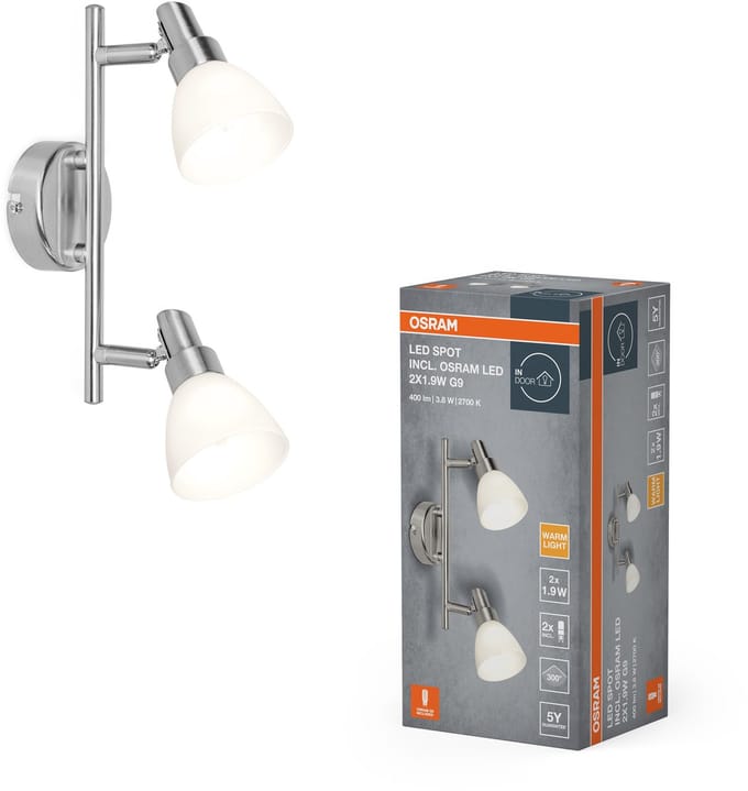 OSRAM LED spot G9 2-lamps, warm wit licht (2700 K), LED's, 3,8 W, draaibaar, glazen diffusers, nikkel design, 400 lm