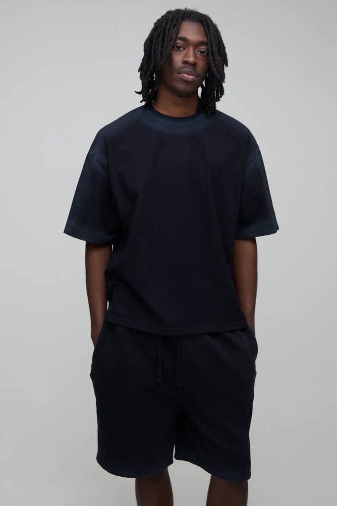 Oversized Verkort Spray Naad Gewassen T-shirt & Shorts Set | Black | Size Medium