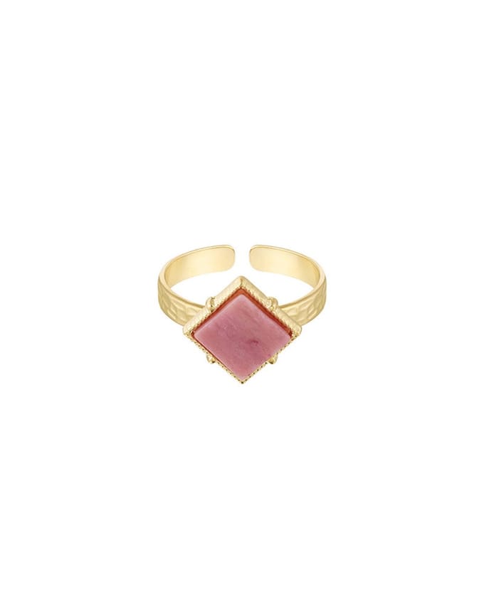 Verstelbare ring met roze steen 'Diamond Stone - Pink' - Goudkleur RVS/Stainless Steel