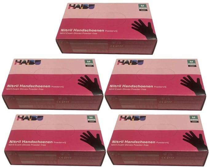 5x Haibu Nitril Handschoenen poedervrij Zwart M-100st