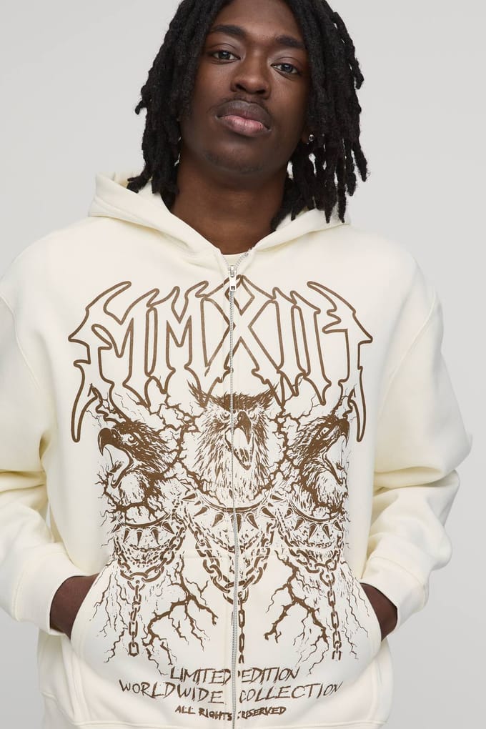 Ecru Oversized Boxy Hoodie Met Adelaarprint En Rits | Size Small