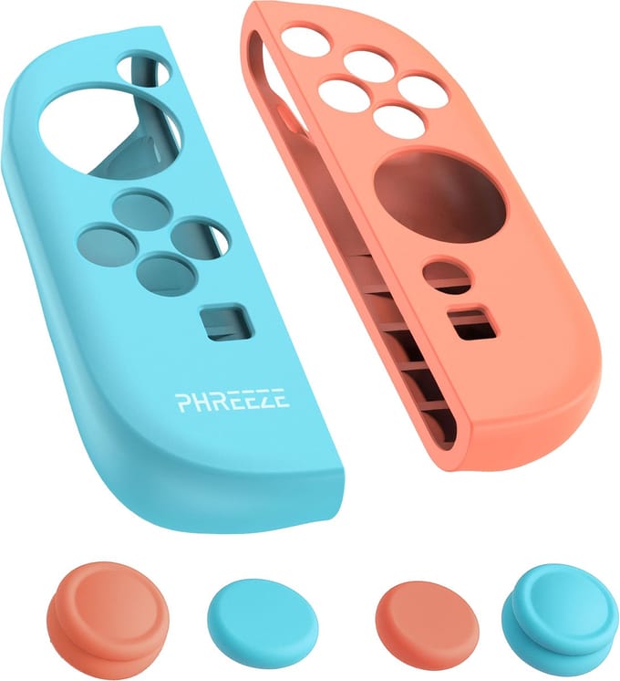 Phreeze grip case en thumb grips geschikt voor Nintendo Switch 2 Joy Con grip hoesje - siliconen - controller case - set rood / blauw