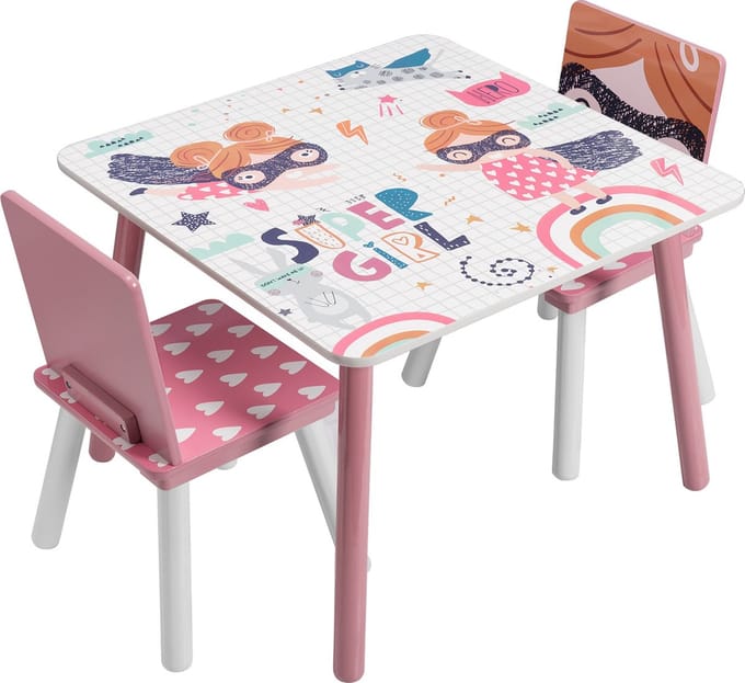 Happyment Kindertafel en 2 Stoeltjes - Kindermeubel - Speeltafel - kinderbureau - Roze
