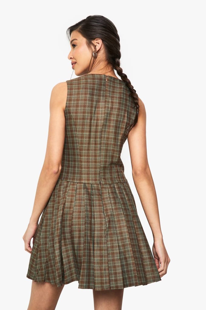 boohoo Dames Check Geruite Geplooide, Op Maat Gemaakte Jurk | Maat: 34