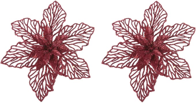 Kerstboomversiering Kerstster - 2x - 17 cm - rood glitter - op clip - ornament