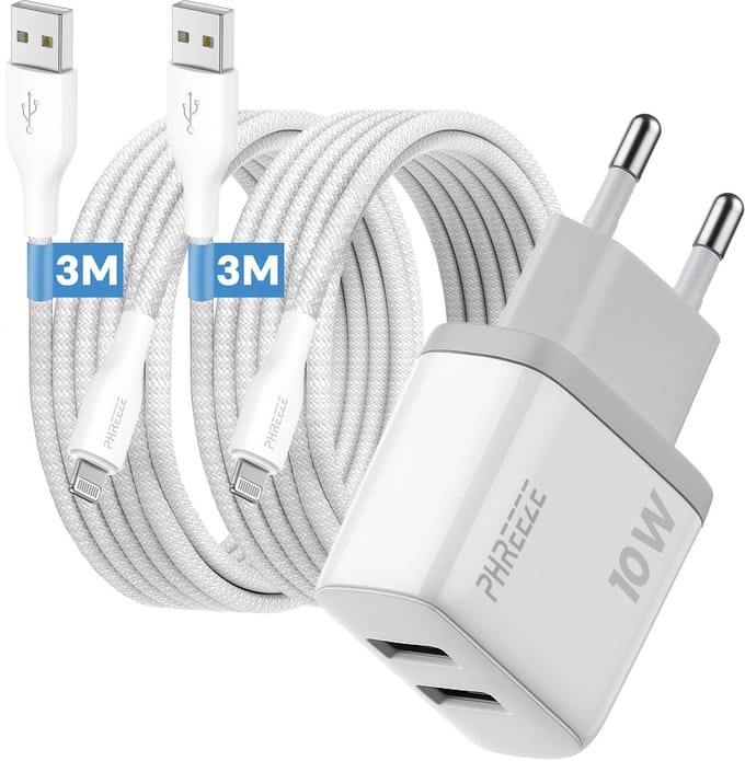 Phreeze usb oplader 12 W - Geschikt voor iPhone en iPad met Lightning kabel - Dubbele usb poorten - Power adapter 2.4 A - 3 meter