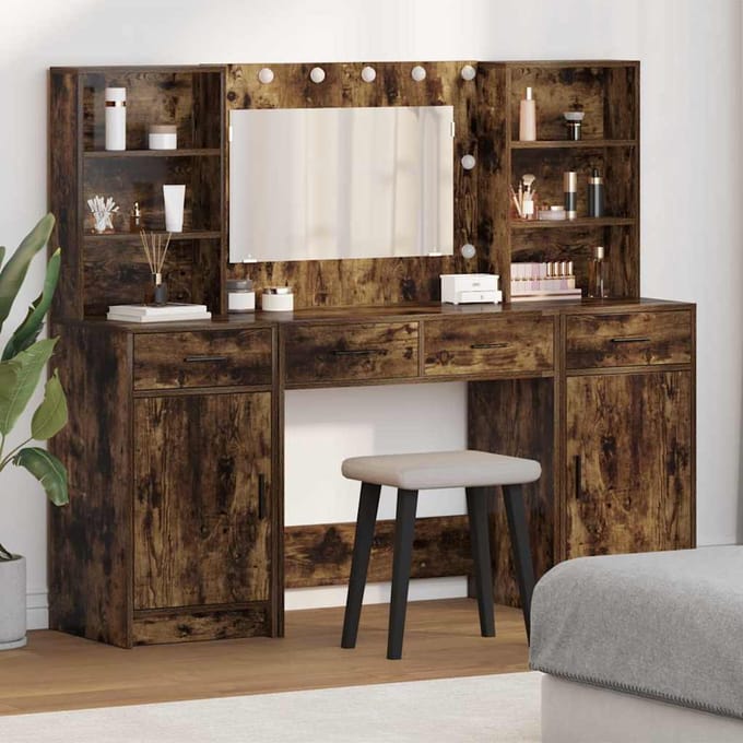 vidaXL - Dressing - tafel - set - met - LED - 3 - st - Rook - Eiken - Bewerkt - hout