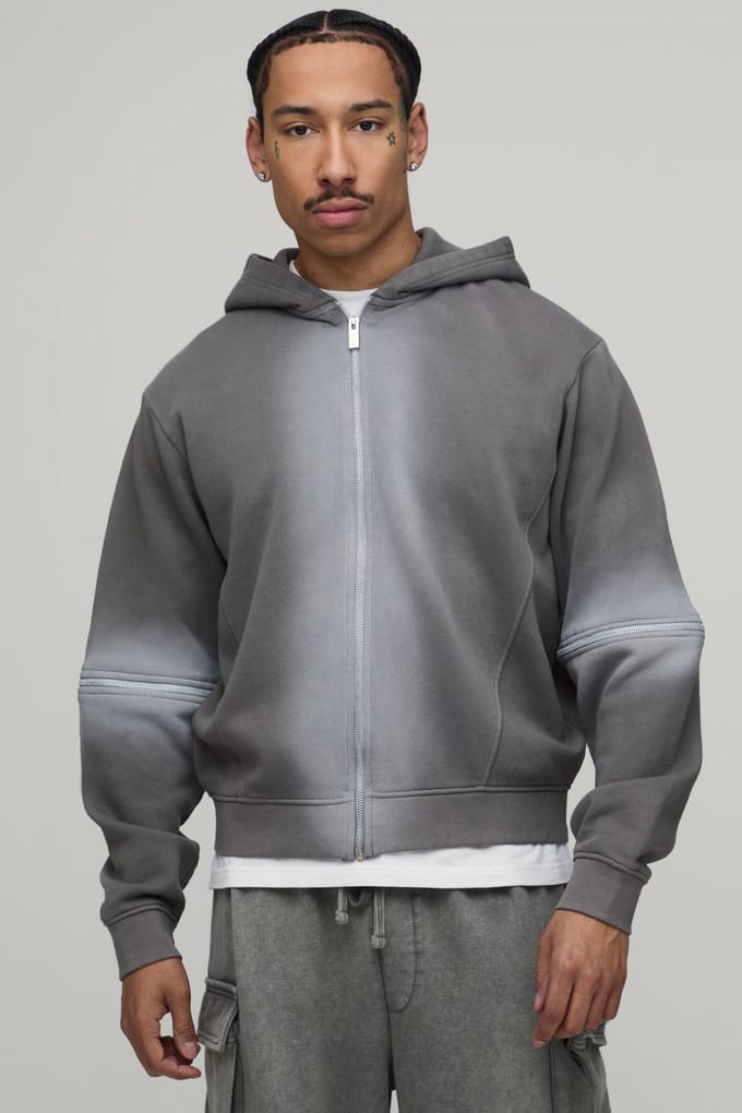 Boxy Hoodie Met Ritssluiting En Spray Wash | Charcoal | Size Medium