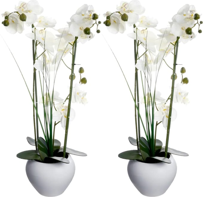 Atmosphera Orchidee bloemen kunstplant in witte bloempot - 2x - witte bloemen - H53 cm