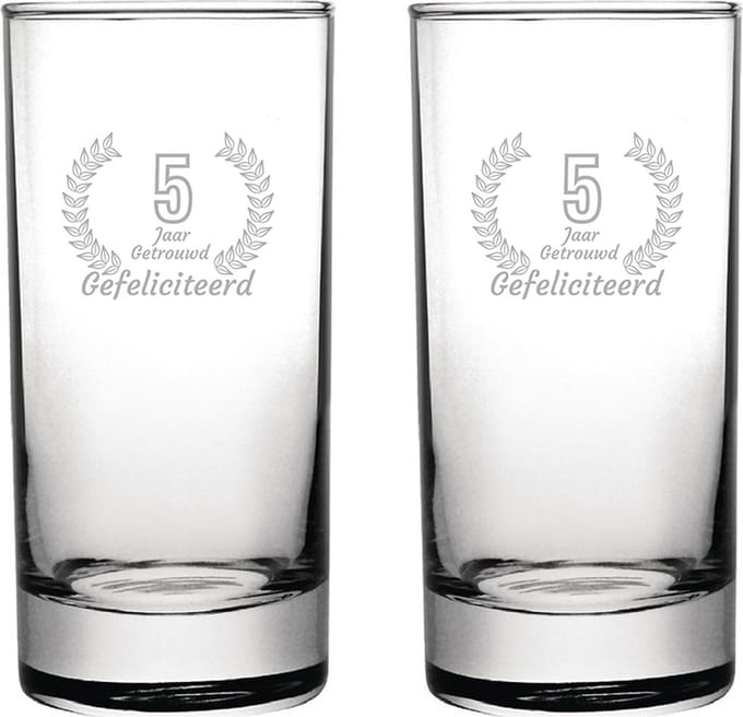 Gegraveerde set Longdrinkglazen 28,5cl Gefeliciteerd 5 jaar getrouwd