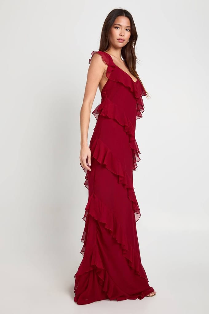 boohoo Dames Maxi-jurk met chiffon, ruches en bandjes | Merlot | Maat: 14