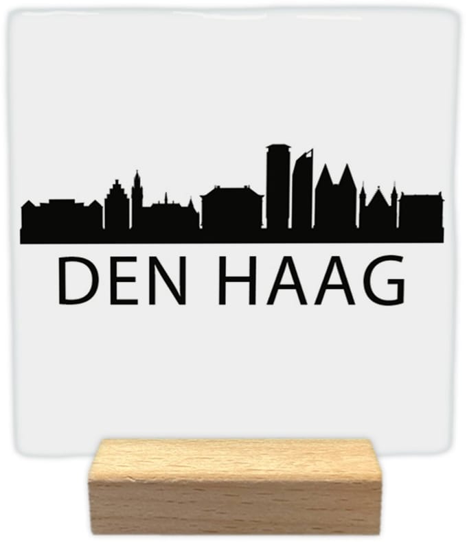 Decoratie tegeltje met tekst - Den Haag skyline - keramisch - 10x10 cm - inclusief houder