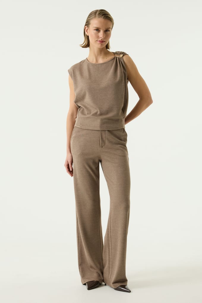 Garcia bruine dames broek   Wide leg fit   Steekzakken   Structuur patroon   Knoop- en ritssluiting   Regular waist Bruin XXL