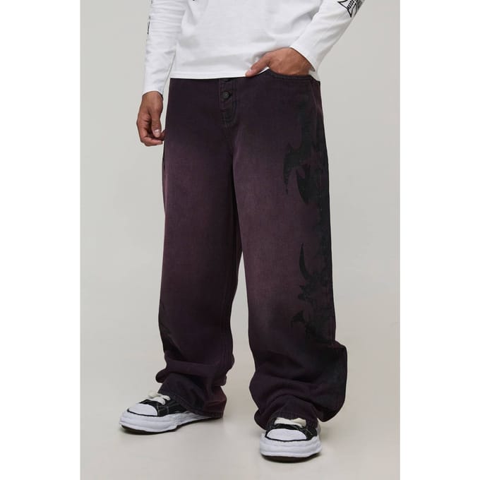 Gothic Bedrukte Overdye Wijde Pijpen Jeans | Purple | Size 32R