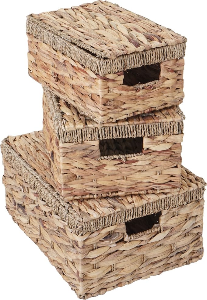 Set van 3 opbergdozen MCW-C23, commode met deksel, waterhyacint natuurlijke kleur