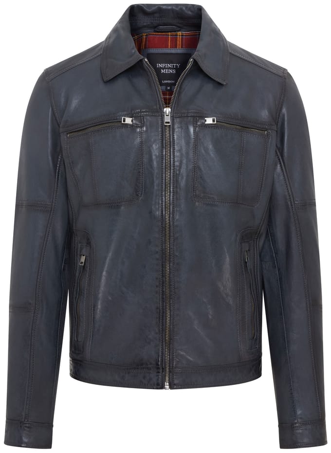 Heren Blauw Klassiek Leren Bikerjack - Bettles