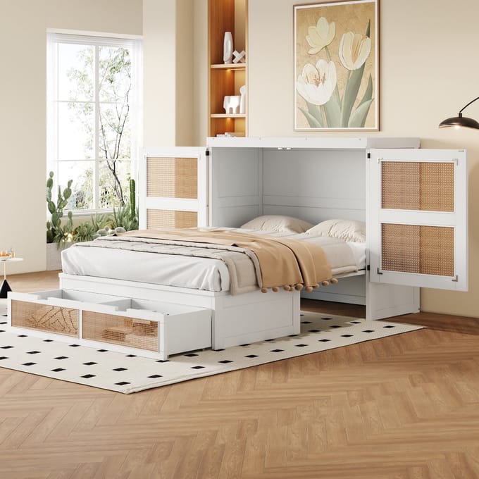 Opklapbed - 140x200 cm - Verticaal met Laden - Rattan Design - Hout - Wit
