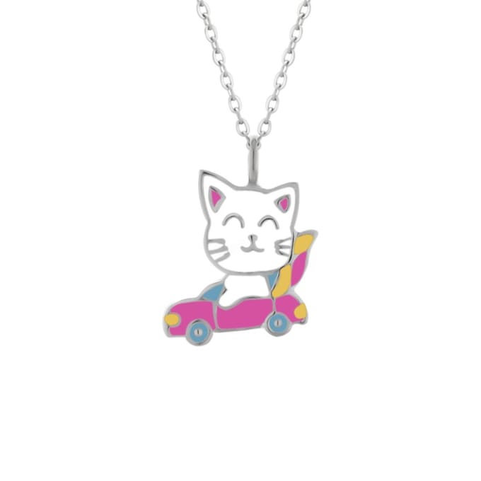 Zilveren ketting kinderen - ketting met hanger - witte kat in auto