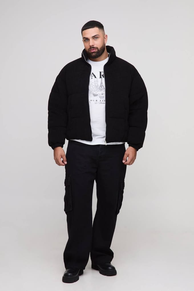 Plus Regular Fit Textured Faux Suede Funnel Neck Puffer Jacket | Black | Size 2XL
