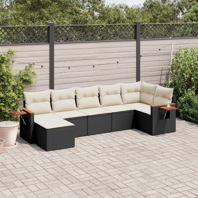 vidaXL - 7-delige - Loungeset - met - kussens - poly - rattan - zwart