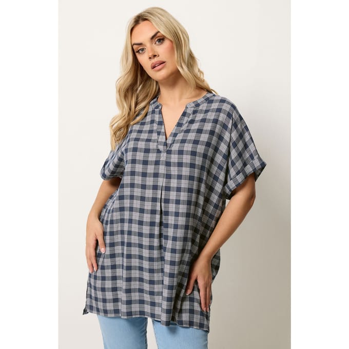 Yours Donkerblauwe Geruite Top Met Plooien Size 46