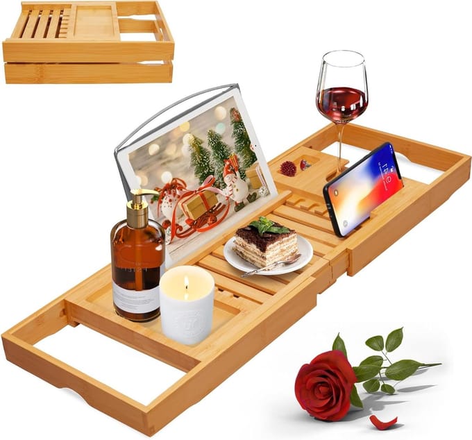 Badkuip Caddy - Badeend Tray - Ontspannen in Bad - Opvouwbaar Bamboe - Verstelbaar 73-102cm - Natuurlijk