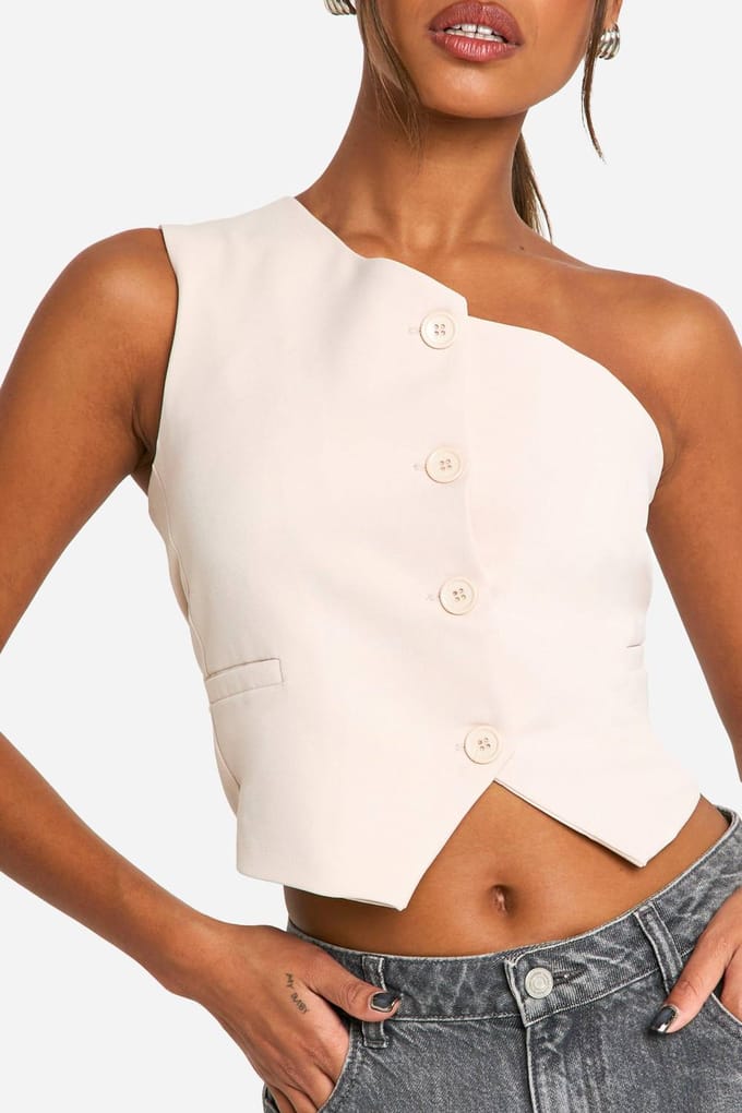 boohoo Dames Geweven Een-Schouder Getailleerd Vest | Light Stone | Maat: Small