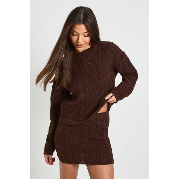 boohoo Dames Ronde hals kabeltrui en minirok | Chocolate | Maat: Medium