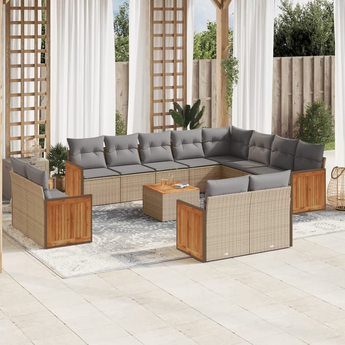 vidaXL - 13-delige - Loungeset - met - kussens - poly - rattan - beige