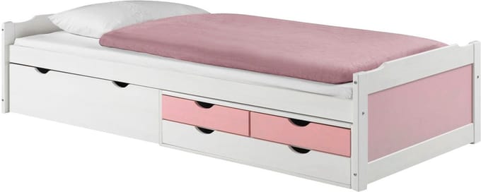 Bed met opbergruimte ANDREA 90 x 200 cm van massief hout - Wit/Roze