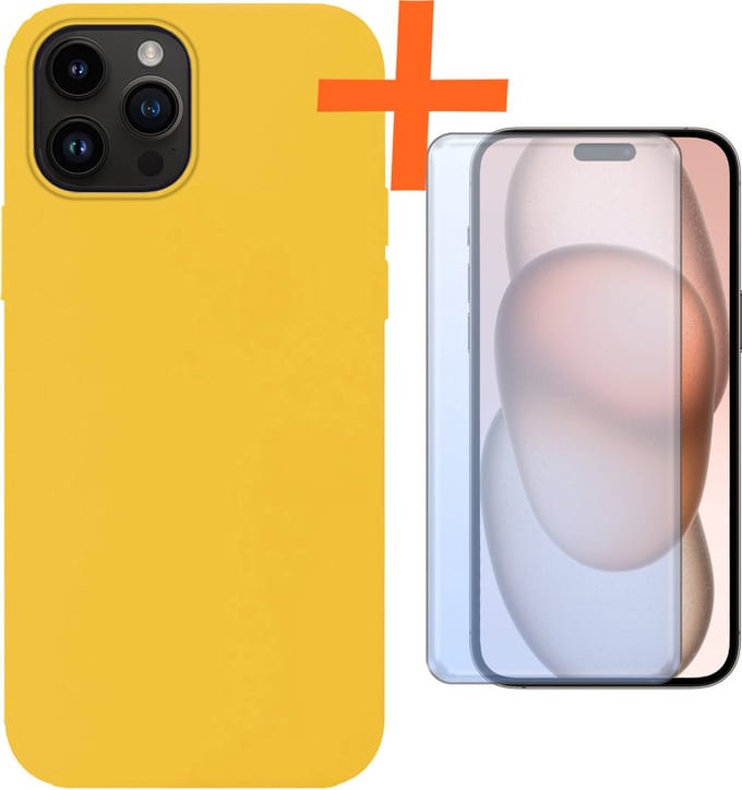 Hoes - Met Screenprotector - Geschikt voor Apple iPhone 15 Pro Max - Sterk & Shockproof - Back Cover - Siliconen Case - Telefoon Hoes - Geel