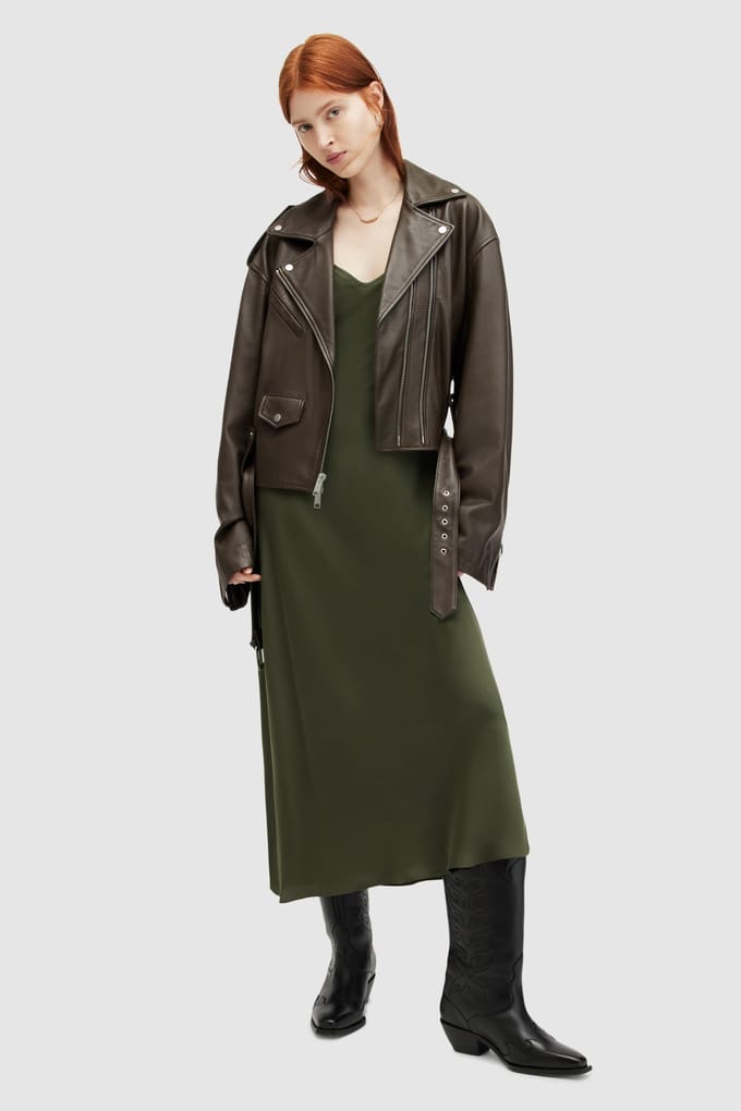 AllSaints Dayle Biker Army Green Taglia: L | Giacche di pelle Outlet | Donna | Verde