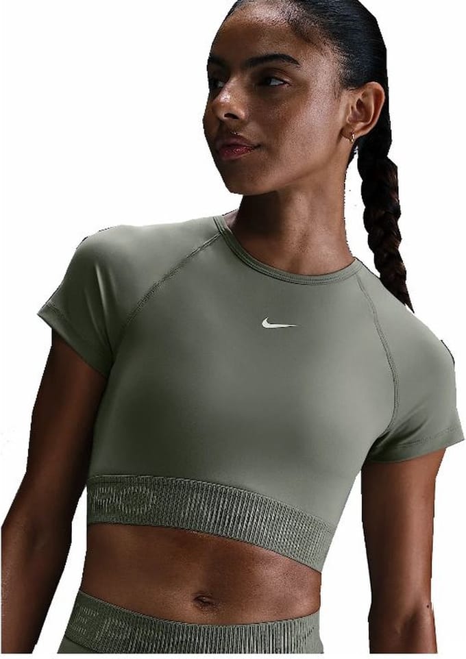 Nike Pro Dri-FIT Crop Short Sleeve Top Dames - Light Army/Cargo Khaki/White - HM6369-320 - Maat S