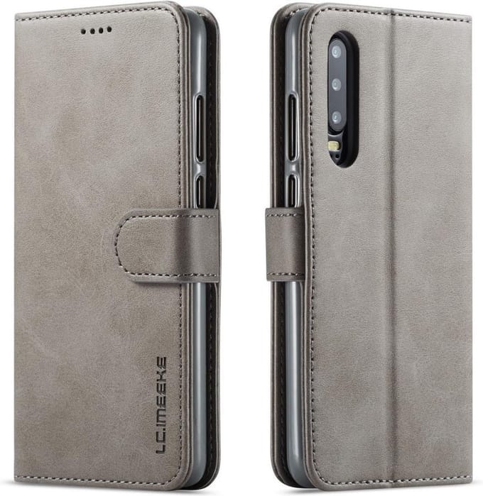 LC.IMEEKE Luxe Book Case - Geschikt voor Huawei P30 Hoesje - Grijs