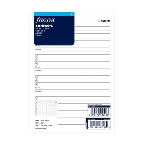 FILOFAX A5 ADRESSES EMAIL TELEFOON FAX MOBIEL VULLING