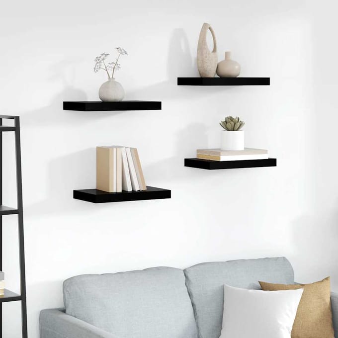 vidaXL - Wandschappen - zwevend - 4 - st - 40x23,5x3,8 - cm - MDF - hoogglans - zwart