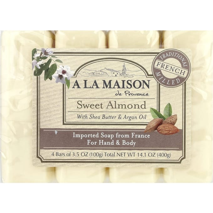 A La Maison de Provence, Savon en Barre Mains et Corps, Amande Douce, 4 paquets, 3,5 oz chacun beige